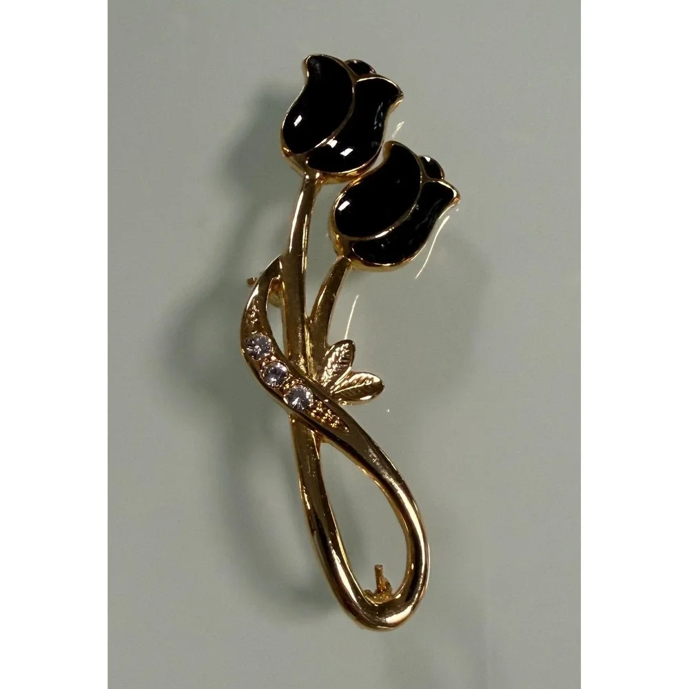 VTG Black & Gold Enamaled Gold Tone Tulip Brooch w/ Clear‎ Rhinestones
